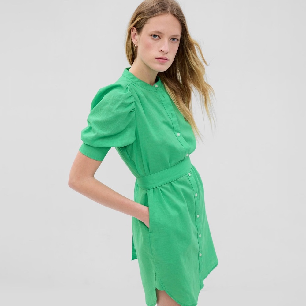 Gap Puff Sleeve Linen Cotton Shirtdress in Jamaica Green Tie Belt & Midi length